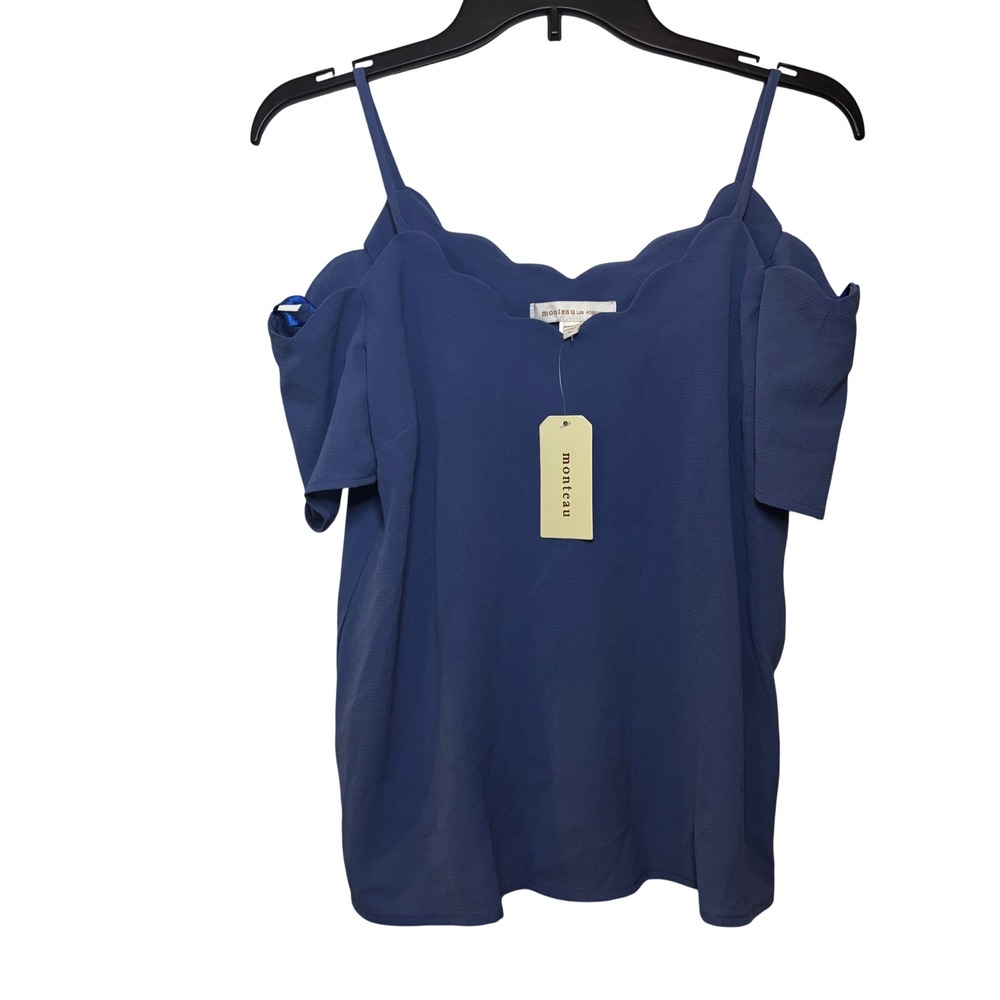 Monteau Los Angeles‎ Women's Cold Shoulder Top Medium NWT Blue Going Out